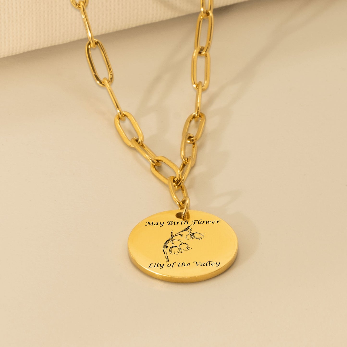 May Birth Flower-Lily of the Valley with Paperclip Coin Necklace