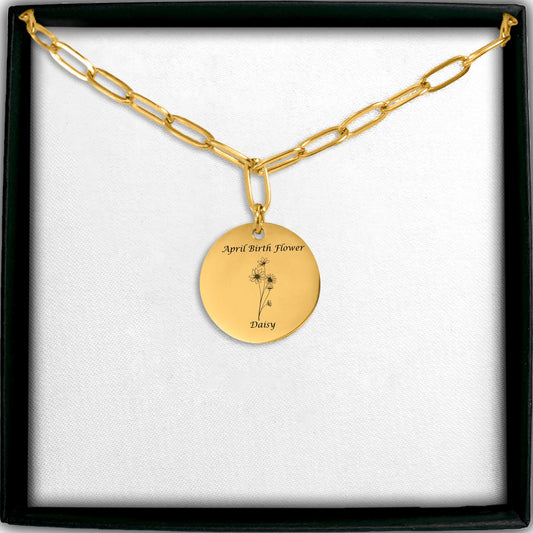 April Birth Flower-Daisy with Paperclip Coin Necklace