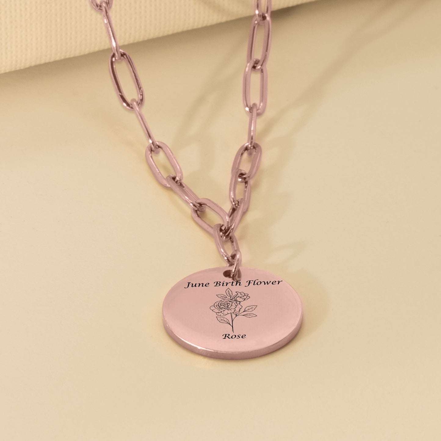 June Birth Flower-Rose with Paperclip Coin Necklace