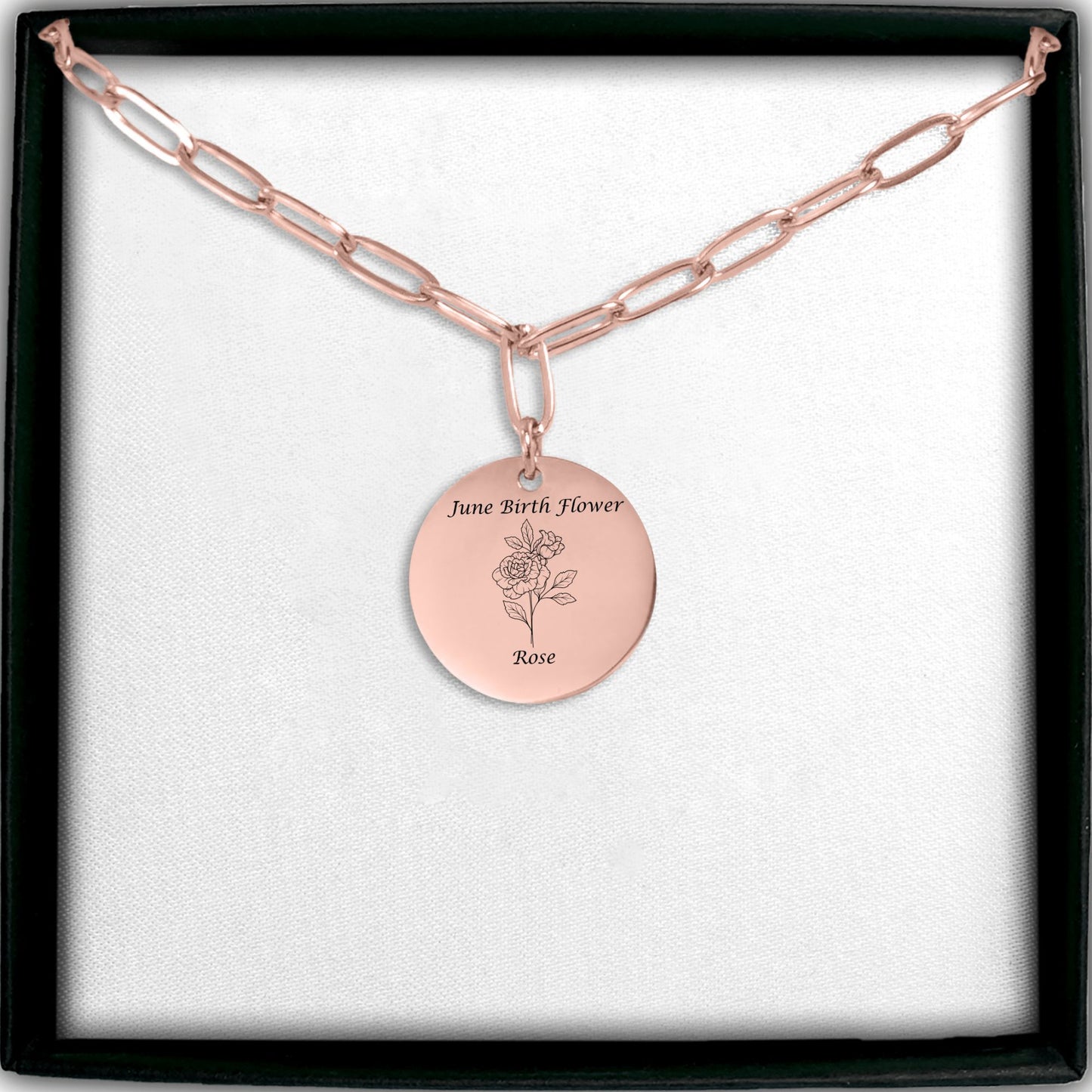 June Birth Flower-Rose with Paperclip Coin Necklace