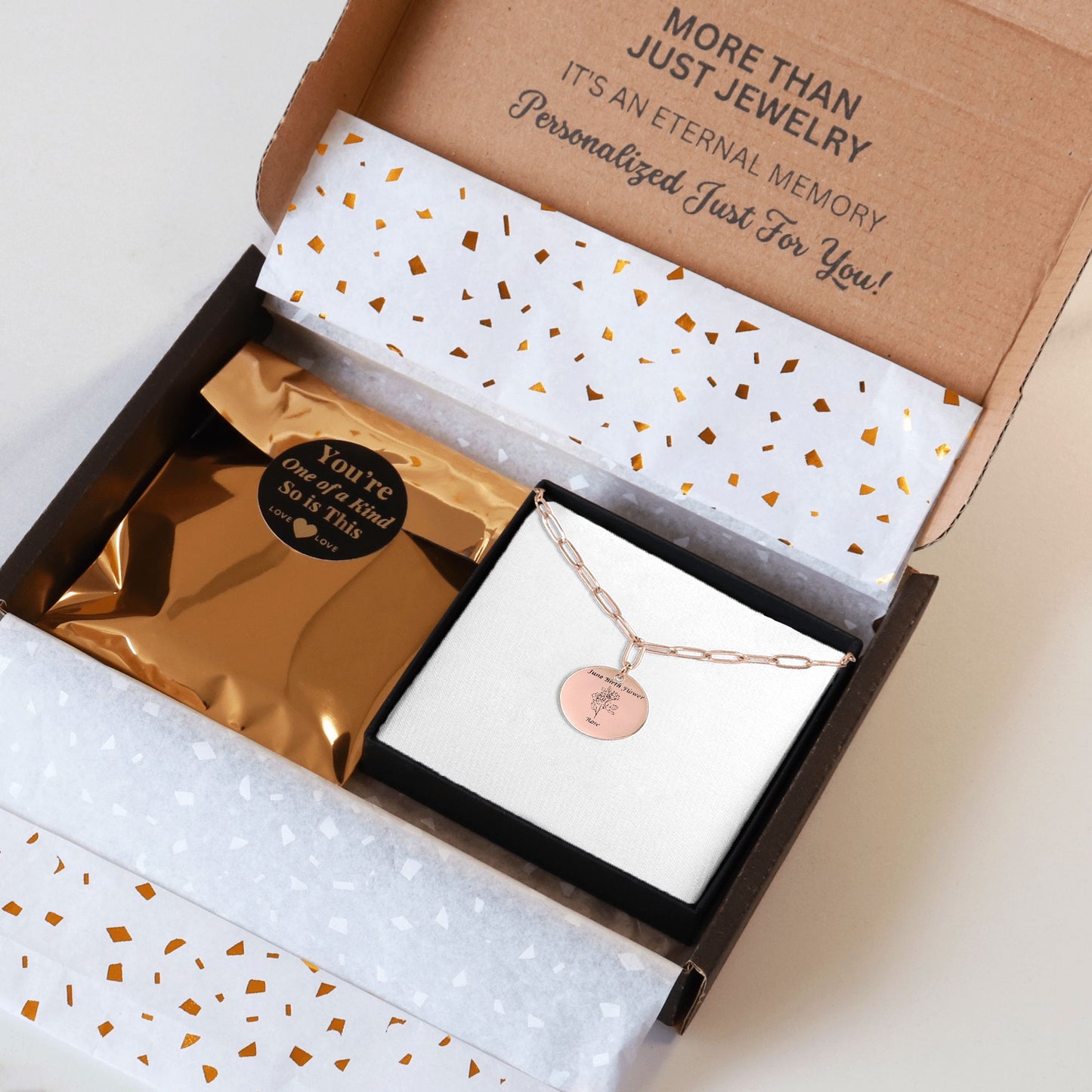 June Birth Flower-Rose with Paperclip Coin Necklace