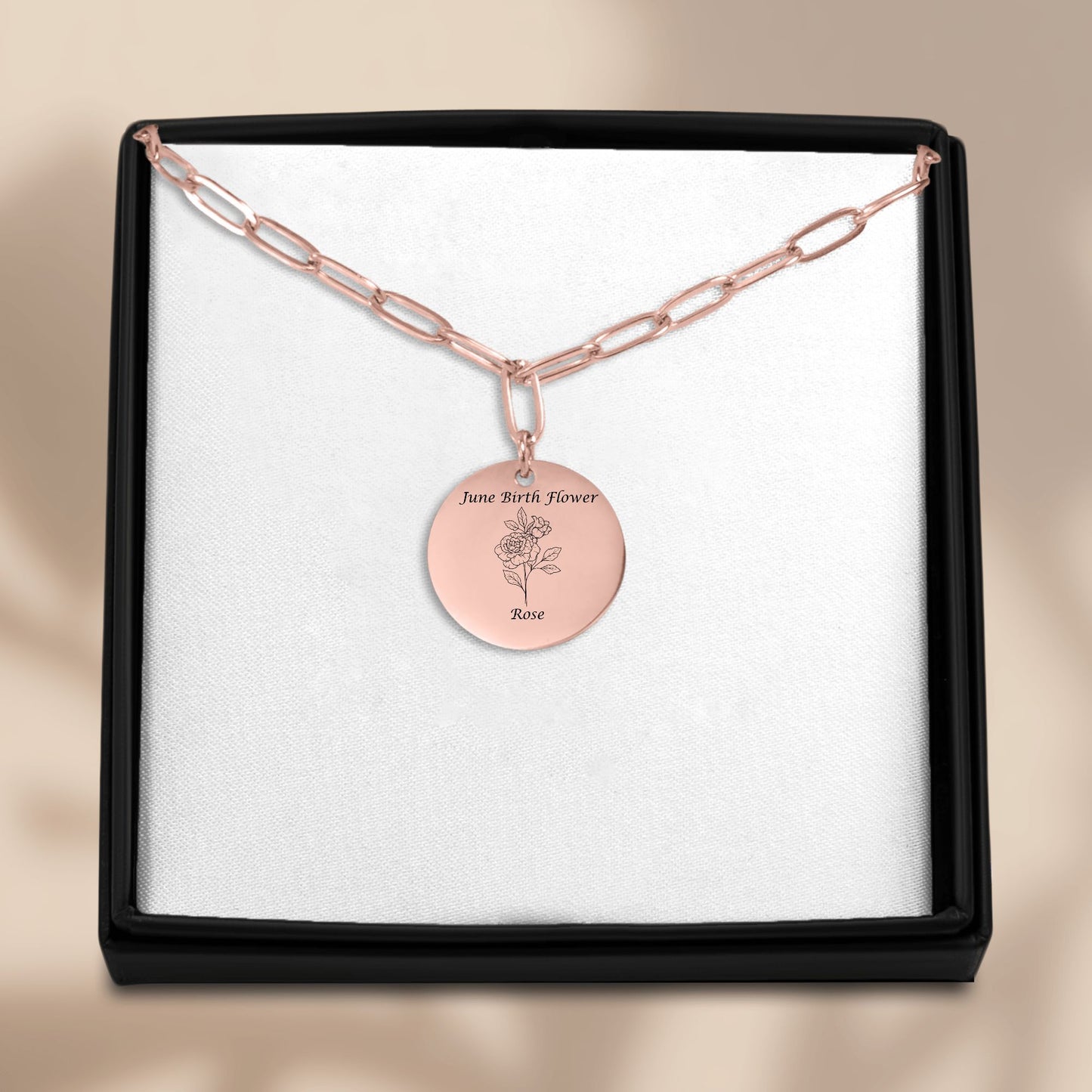 June Birth Flower-Rose with Paperclip Coin Necklace
