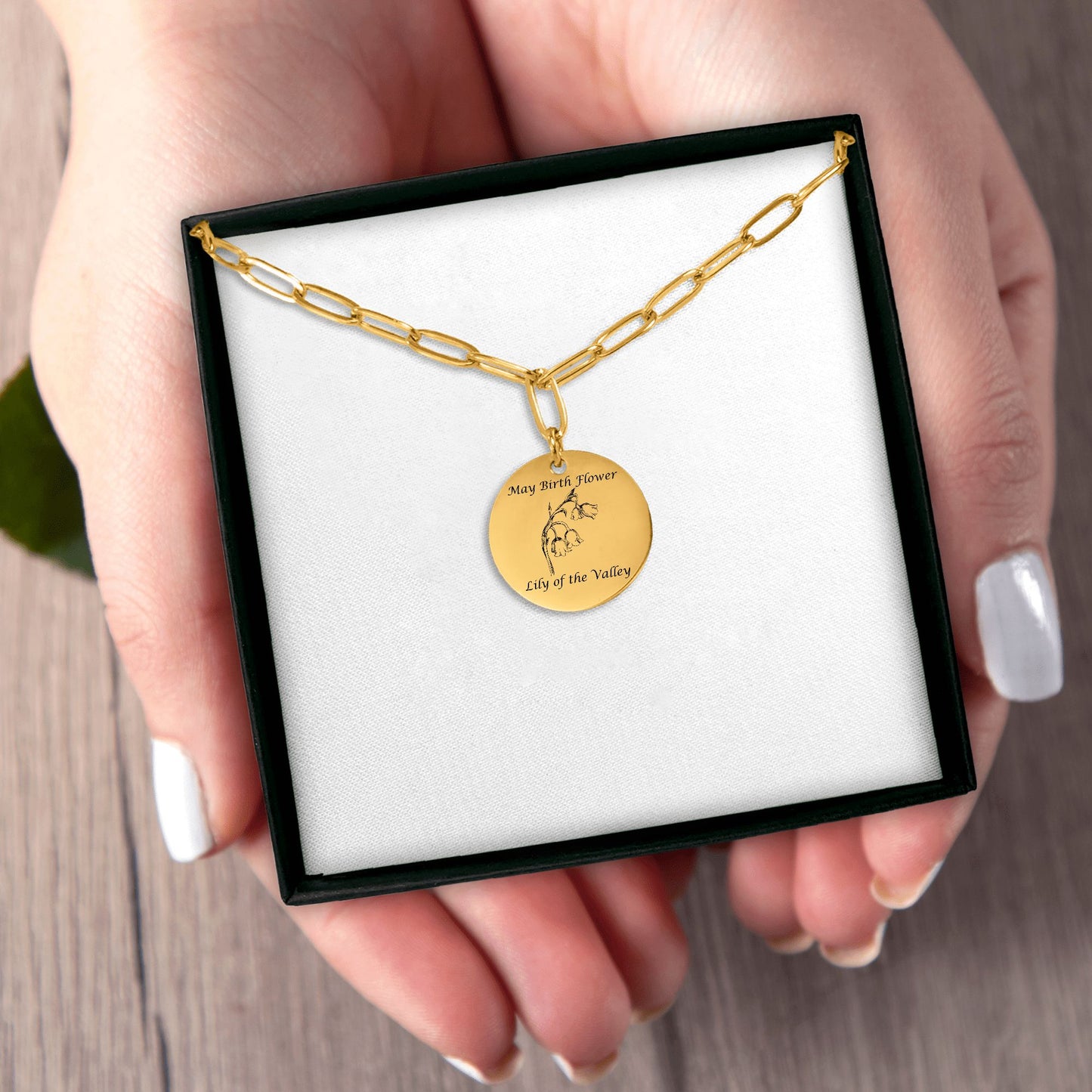May Birth Flower-Lily of the Valley with Paperclip Coin Necklace