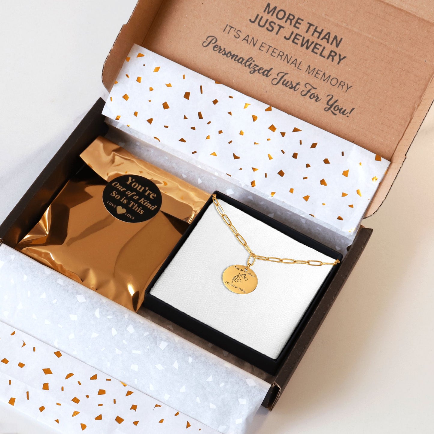 May Birth Flower-Lily of the Valley with Paperclip Coin Necklace