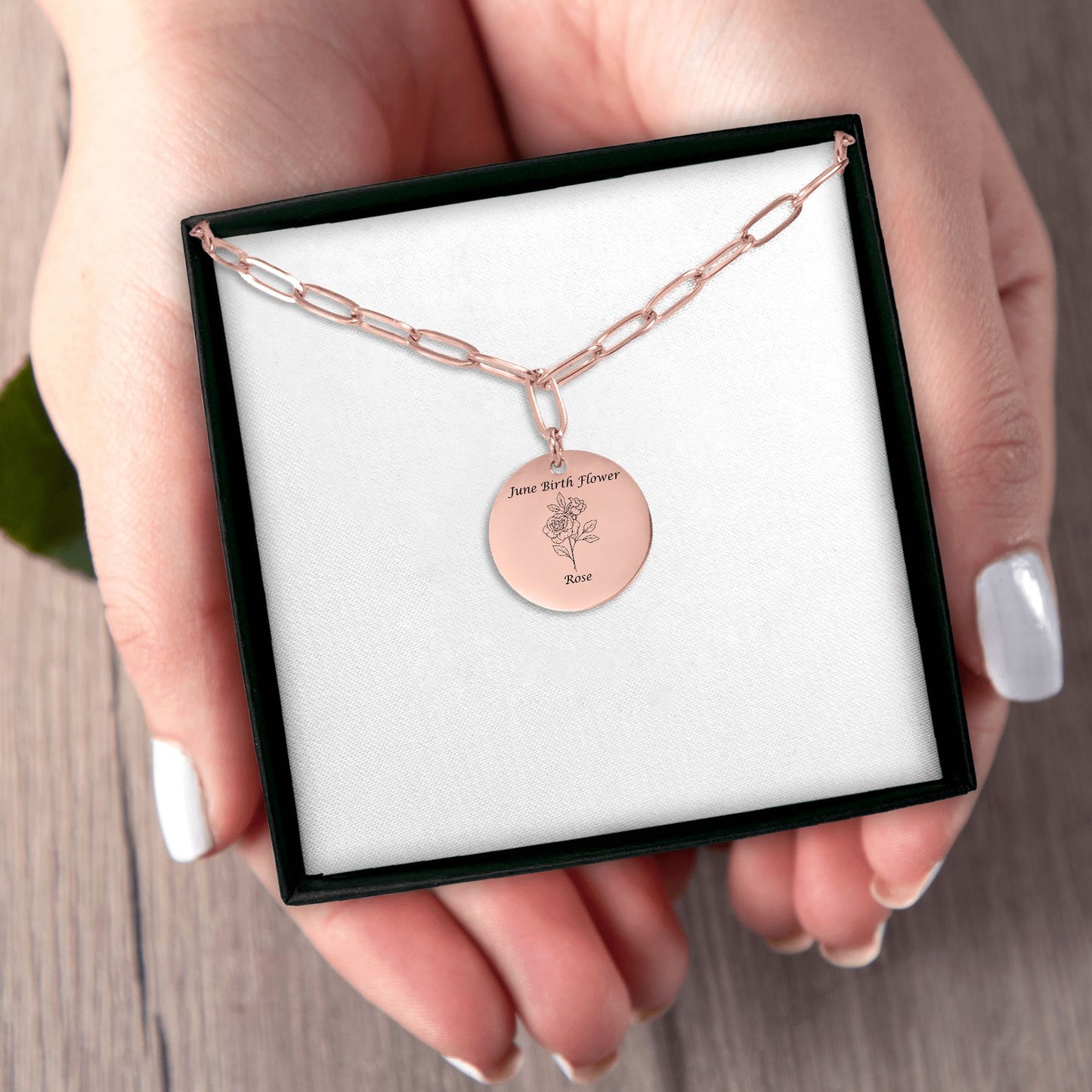 June Birth Flower-Rose with Paperclip Coin Necklace