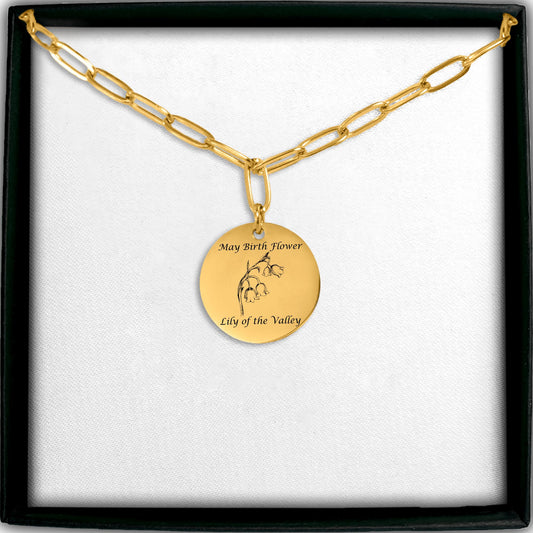 May Birth Flower-Lily of the Valley with Paperclip Coin Necklace