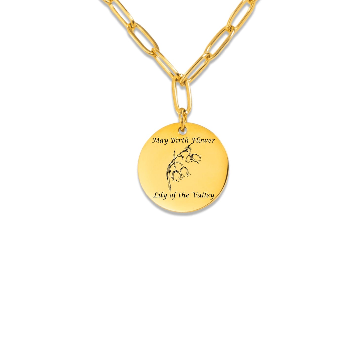 May Birth Flower-Lily of the Valley with Paperclip Coin Necklace
